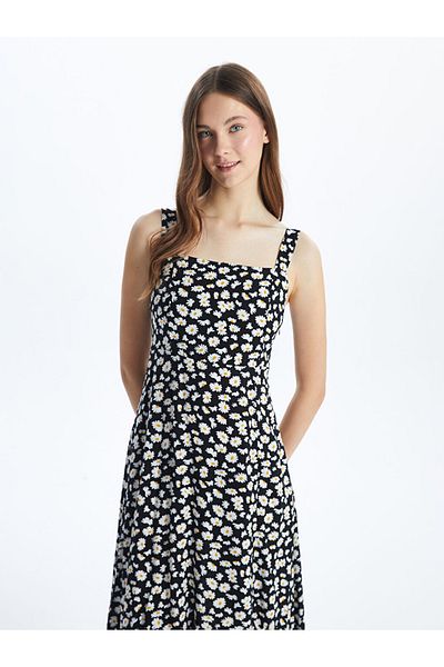 LC Waikiki Black Square Collar Floral Women's Dress