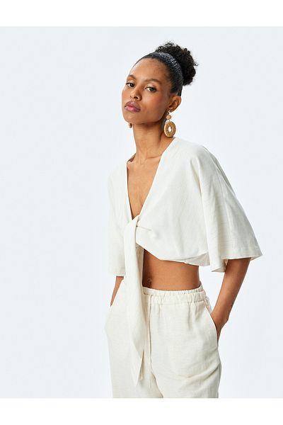 Koton New Season Viscose Linen Blended Kimono Sleeve Tie Detailed Crop Blouse