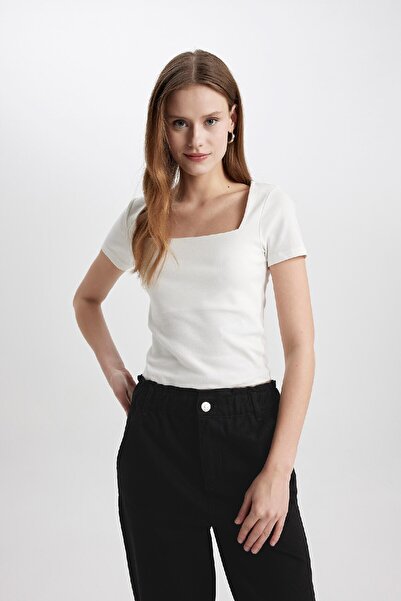 DeFacto Tricou cu mânecă scurtă, cu guler pătrat, slim fit, cu mânecă scurtă C4728ax24sp