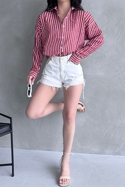 Fav Style Red Long Sleeve Striped Poplin Women's Shirt