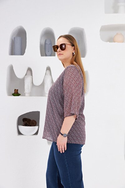 RMG Patterned V-Neck Large Size Chiffon Blouse (Navy Blue)