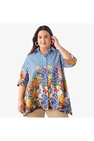 Ulla Popken Plus Size Ulla Popken Relaxed Fit Floral Print Shirt with Collar and 3/4 Sleeves