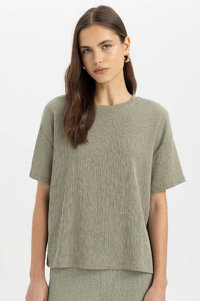 DeFacto Bequem geschnittenes Rundhals-Wickel-Kurz-T-Shirt C3843ax24sp