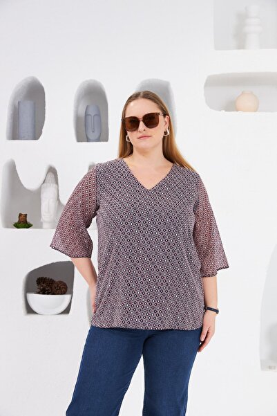 RMG Patterned V-Neck Large Size Chiffon Blouse (Navy Blue)