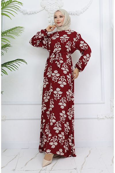 sefamerve Φόρεμα με ζωσμένο ύφασμα βισκόζης 2009-01 Claret Red