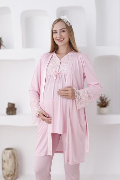 LOHOUSE Women's Pink Lace Design Maternity 3-Piece Pajama Set