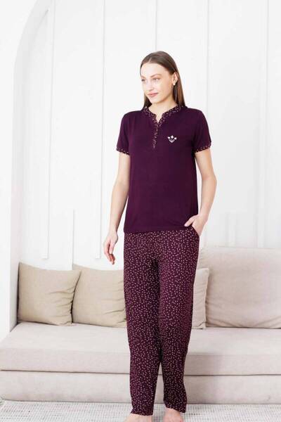 ALİMER Set pijamale brodate pentru femei - mânecă scurtă cu material elastic nasturi 3 Bambu Viscoză 2838KY