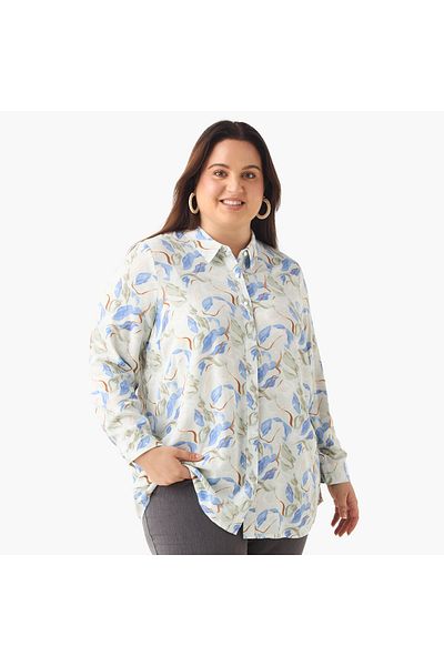 Ulla Popken Plus Size Ulla Popken Printed Shirt with Collar and Long Sleeves