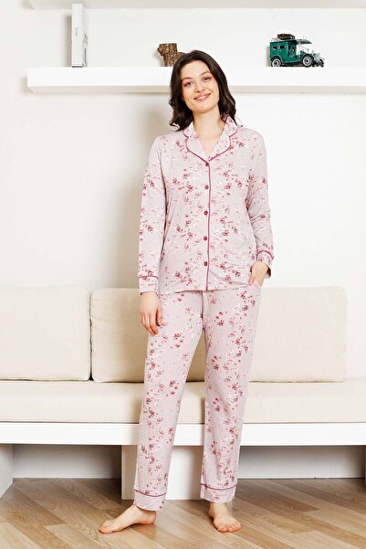 ALİMER طقم بيجامة نسائي بأزرار أمامية - أكمام طويلة ليكرا رينك فيسكوز 2844UY