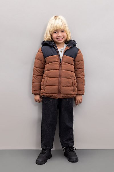 DeFacto Baby Boy Water Repellent Fleece Lined Color Block Patterned Hooded Puffer Jacket A2215A524Au