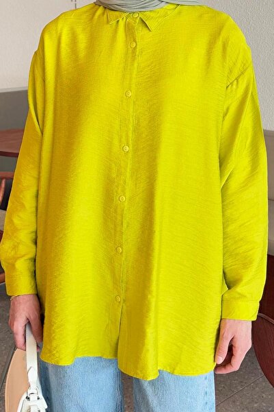 lamelif Tree Bark Textured Cotton Hijab Shirt Oil Green