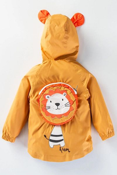 DeKuBaby Children-Baby Coat Raincoat with Cute Lion Figure, Backpack, Cotton Lining, Ears, Hood