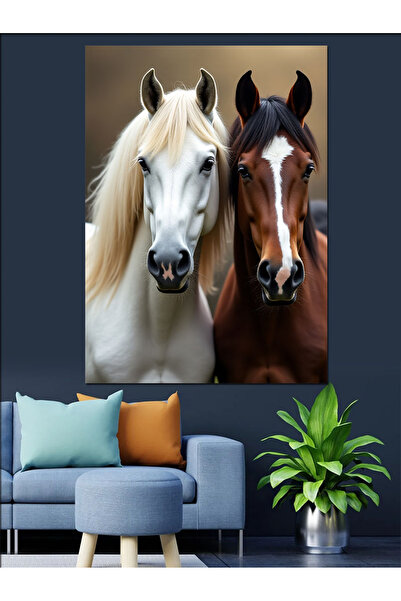 Tablo Mega İki Beyaz At Portresi Dekoratif Kanvas - Mdf Ahşap Tablo