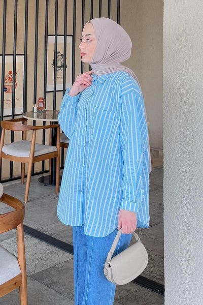 lamelif Cămașă Hijab în dungi Carla Baby Blue
