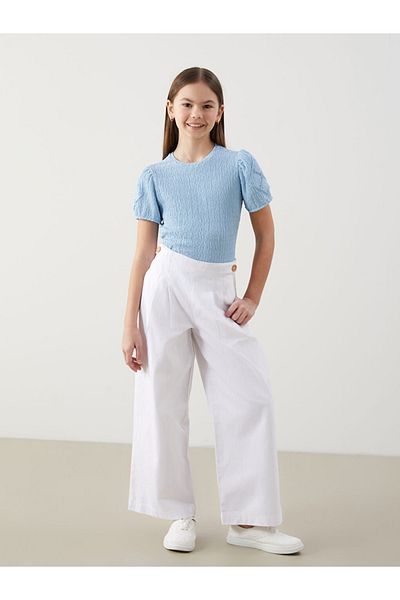 LC Waikiki White Elastic Waist Linen Blended Girls' Trousers