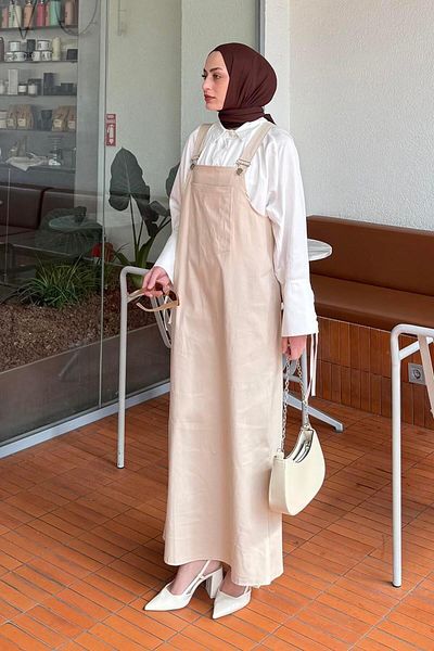 lamelif Μπεζ φόρεμα καγκουρό με τσέπη Hijab