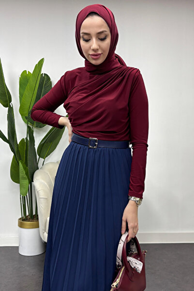 Tesettür Diyarı Bluză de damă cu guler vertical cu șnur cu detaliu - Bordeaux