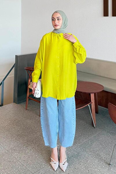 lamelif Tree Bark Textured Cotton Hijab Shirt Oil Green