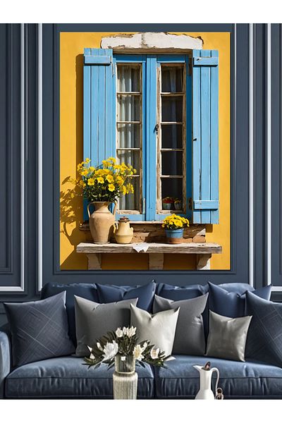 Tablomega Fereastră Albastră și Pânză Decorativă Florală - Lemn MDF