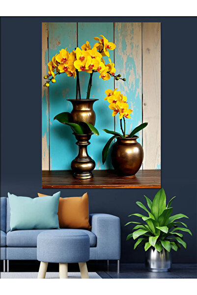 KanvasSepeti Flori galbene într-o vază Pictură decorativă în ulei Texturată Pânză de înaltă calitate Pictură pe pânză 140 x 100 cm