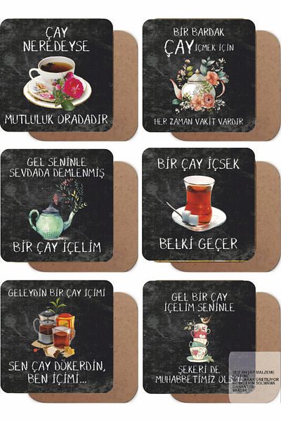 Hayat Poster Beautiful Meaningful Tea Sayings Wall Graffiti Gift Set of 6 Retro Wooden Cup Holders