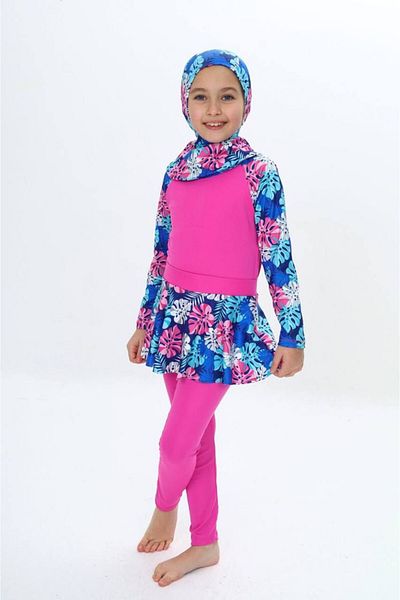ZAYA Girl's Leaf Patterned Quick Drying 3 Piece, Hijab, Skirted Closed Swimsuit