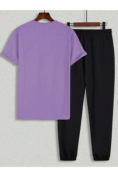 SKYLİGHT Purple Oversize Future Printed Crew Neck T-Shirt - Black Jogger Sweatpants Set