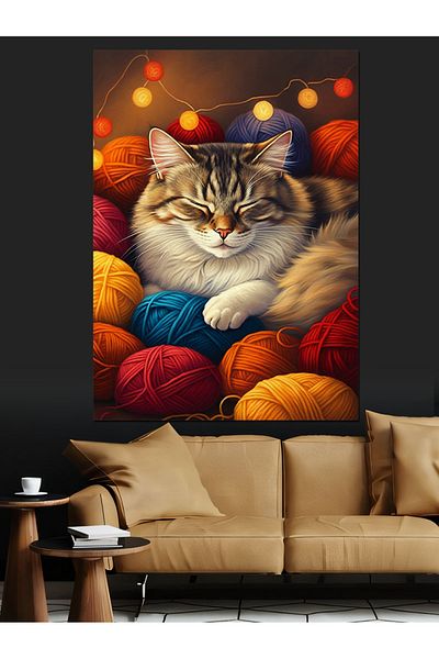 Tablomega Pisica care dorme pe pufuri Pânză decorativă - Lemn MDF
