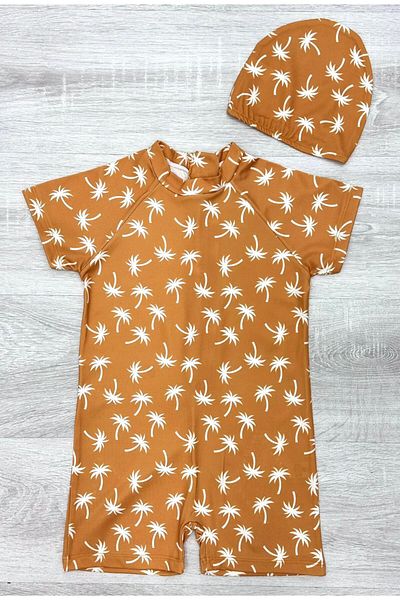 ZAYA Baby Girl and Child Palm Tree Patterned Fast Drying 2 Piece Bonnet and Swimsuit Set