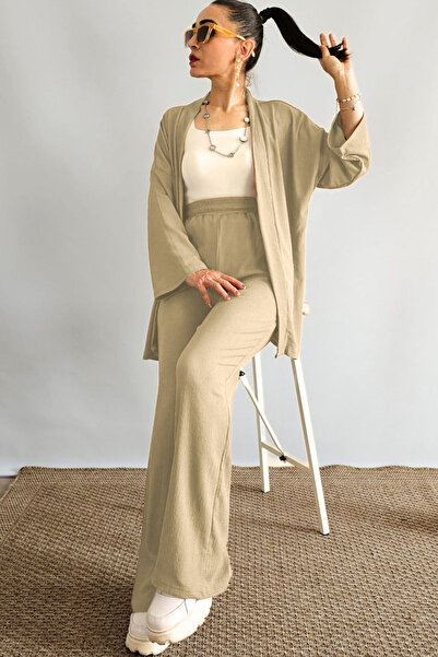 YAKAMEL طقم كيمونو صيفي فضفاض للسيدات باللون البيج من Palazzo Pants