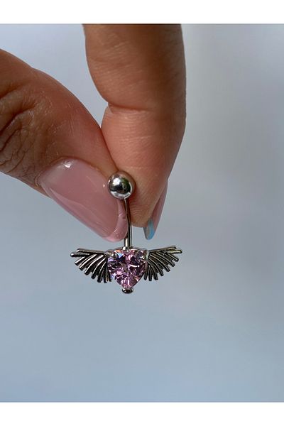 kurukafagift Pink Heart Belly Piercing with Steel Angel Wings