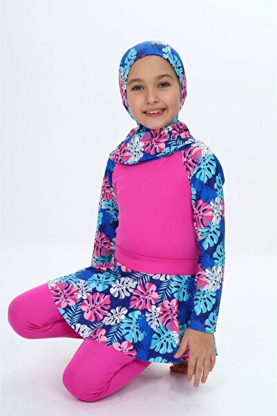 ZAYA Kız Çocuk Yaprak Desenli Hızlı Kuruyan 3 Parça , Tesettür, Etekli Kapalı Mayo