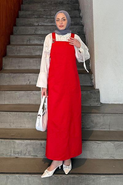 lamelif Φόρεμα με τσέπη καγκουρό - Hijab Claret Red