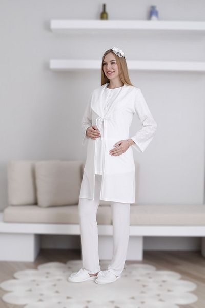 Pelin Women's Lace Detailed Shawl Collar Dressing Gown Maternity Pregnant 3 Piece Set