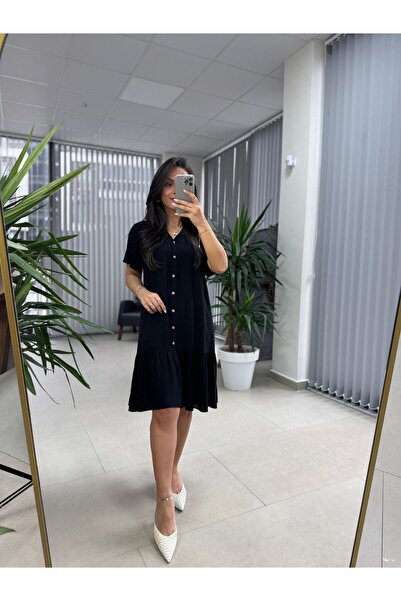 caddstore Brsk Krinkıl Siyah Kemik Düğmeli Elbise