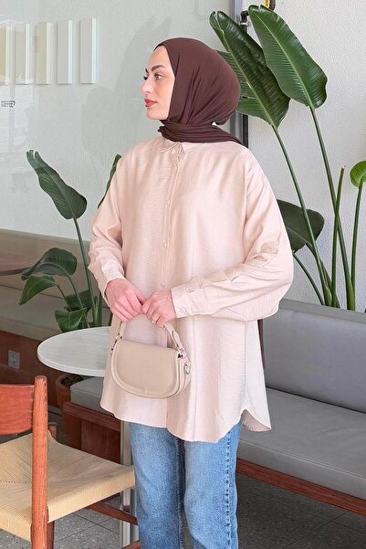lamelif Tree Bark Textured Cotton Hijab Shirt Stone