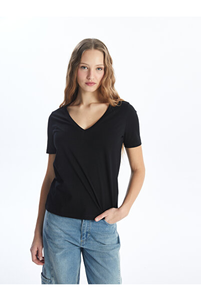 LC Waikiki Tricou uni cu mânecă scurtă, cu decolteu în V, pentru femei