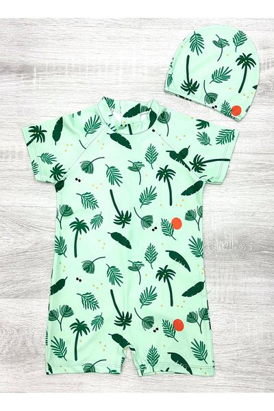 ZAYA Baby Girl and Child Palm Tree and Leaf Pattern Quick Dry 2 Piece Cap and Swimsuit Set