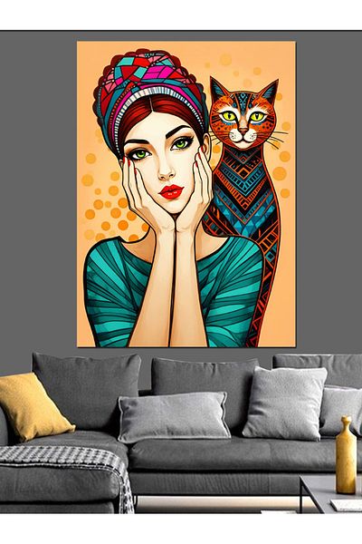 Tablomega Pânză decorativă cu model femeie și pisică - Lemn MDF