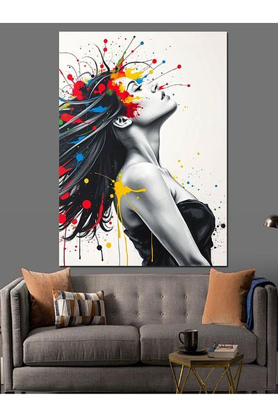 Tablomega Canvas Decorativ Portret Femeie cu Lansare de Culori - Tablou din Lemn MDF
