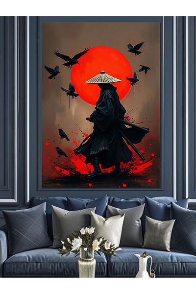 Tablomega Samurai și Lună Roșie Pânză Decorativă - Lemn MDF