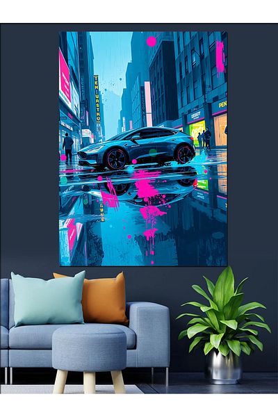 Tablomega Noapte City Sparkle și mașină sport Pânză decorativă - Lemn MDF