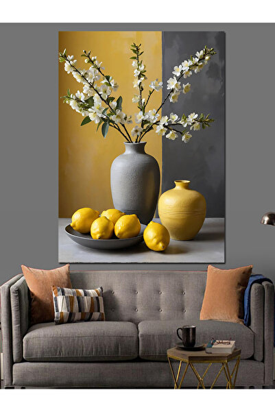 KanvasSepeti Lămâie și vază cu flori Pictură în ulei decorativă Texturată Pânză de înaltă calitate Pictură pe pânză 70 x 50 cm