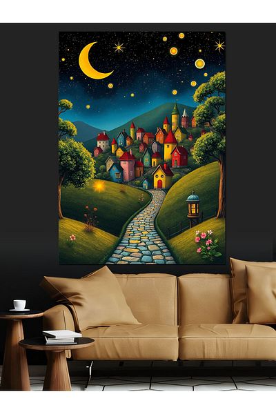 Tablomega Pânză decorativă Starry Village Landscape - Lemn MDF