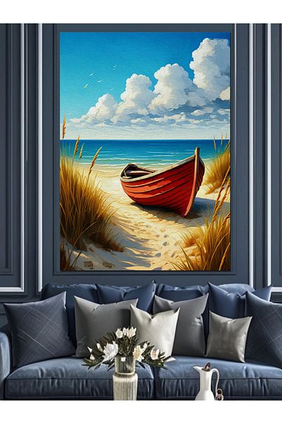 Tablomega Barcă Roșie și Pânză Decorativă de Mare - Lemn MDF