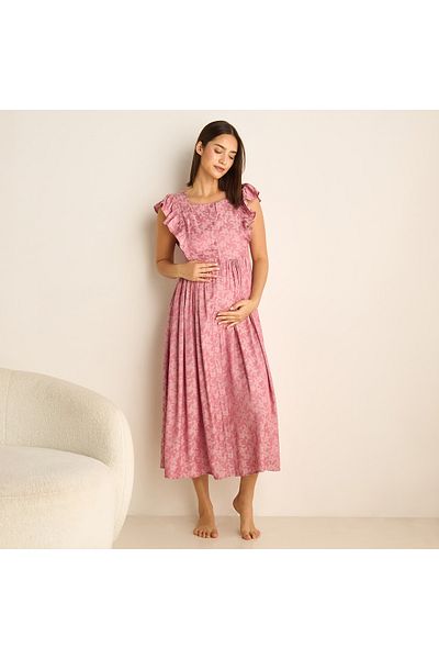 FAV Floral Print Maternity Night Dress With Square Neck And Ruffle Detail