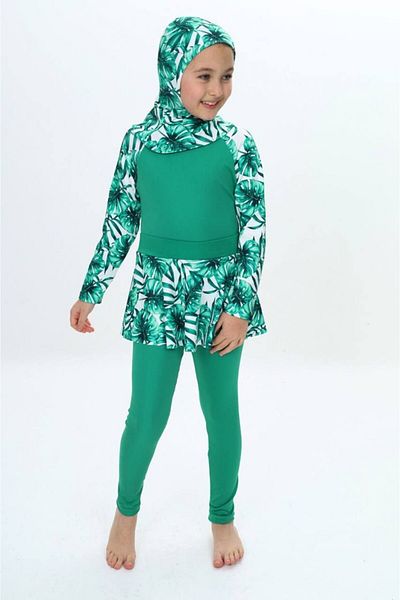 ZAYA Model de frunze pentru fete, cu uscare rapidă, 3 piese, hijab, costum de baie închis cu fustă