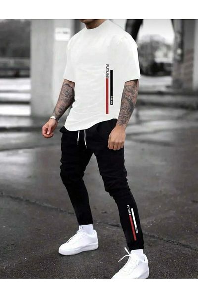 SKYLİGHT White Oversize Future Printed Crew Neck T-Shirt - Black Jogger Sweatpants Set