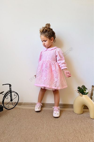 penu baby kids فستان بناتي بأكمام طويلة من الدانتيل باللون الوردي