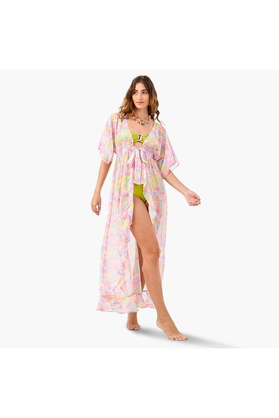 FAV All-Over Floral Print Cover-Up with Tie-Ups and Shirred Detail